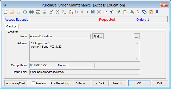 Purchase Order Maintenance - Creditor tab