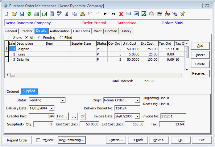Purchase Order Maintenance - Details tab (receiving partially completed order 1)