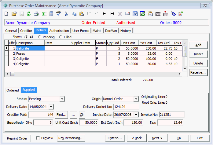 Purchase Order Maintenance - Details tab (receiving partially completed order 2)