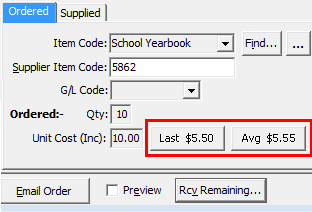 Purchase Order Maintenance - Details tab - Ordered sub-tab (cut down, Last Avg buttons highlighted)