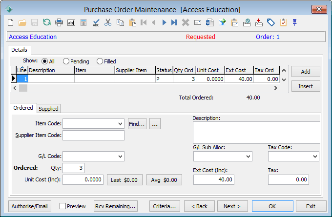 Purchase Order Maintenance - Details tab - Ordered sub-tab