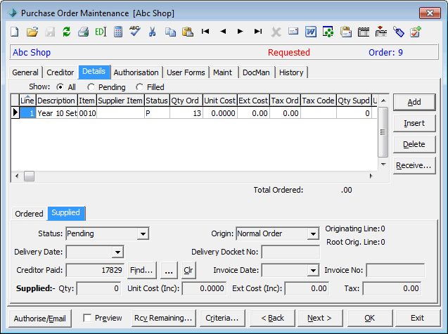 Purchase Order Maintenance - Details tab - Supplied sub-tab
