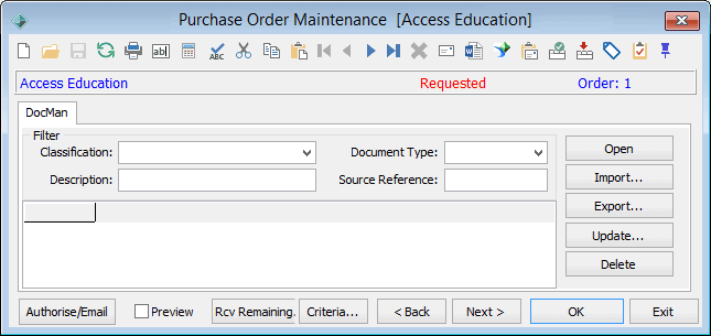Purchase Order Maintenance - DocMan tab