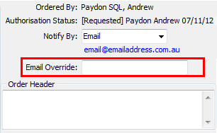 Purchase Order Maintenance - General tab (cut down, email override highlighted)
