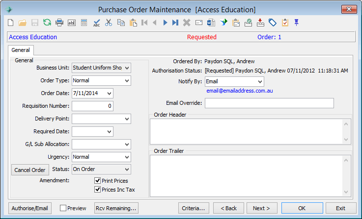 Purchase Order Maintenance - General tab
