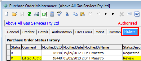 Purchase Order Maintenance - History tab (cutdown for wn)