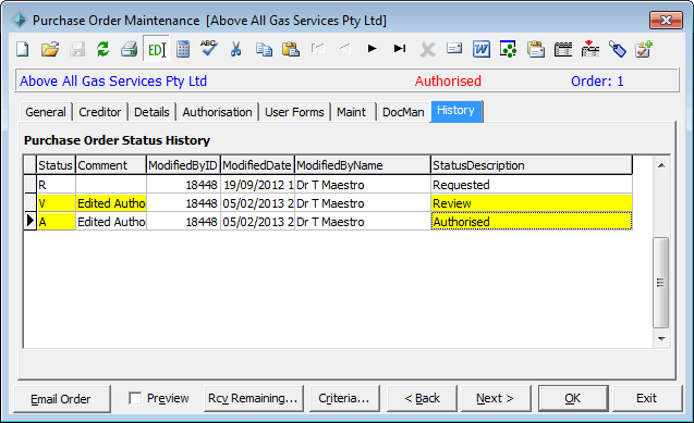 Purchase Order Maintenance - History tab