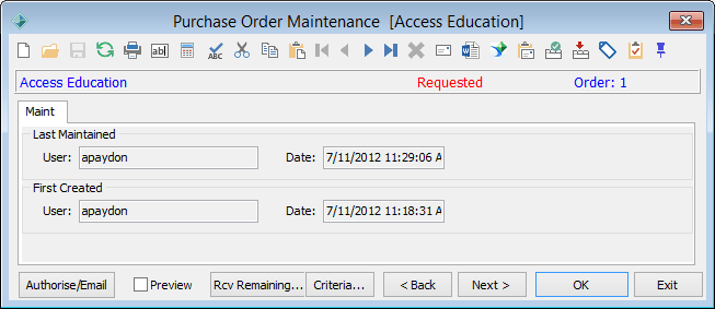 Purchase Order Maintenance - Maint tab