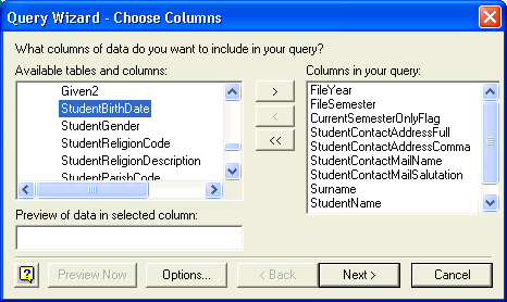Query Wizard - Choose Columns window