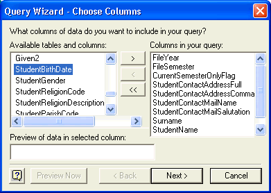 Query Wizard - Choose Columns (columns in your query, cutdown)