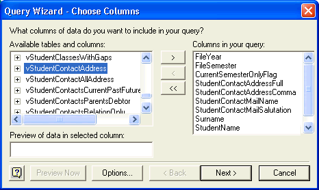 Query Wizard - Choose Columns (Edit existing query)