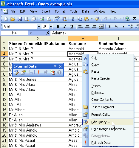 Query Wizard - Choose Columns (Edit Query menu)