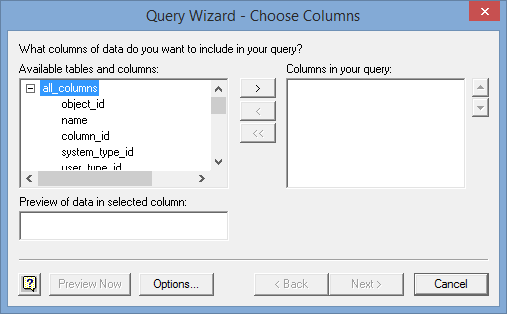 Query Wizard - Choose Columns window