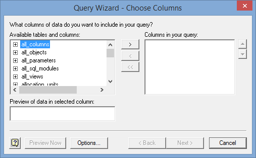 Query Wizard - Choose Columns window