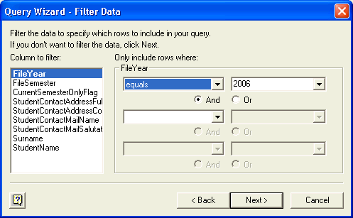 Query Wizard - Filter Data window