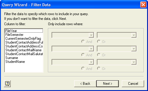 Query Wizard - Filter Data window