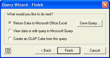 Query Wizard - Finish window