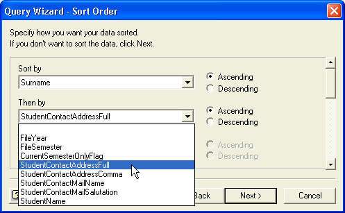 Query Wizard - Sort Order window