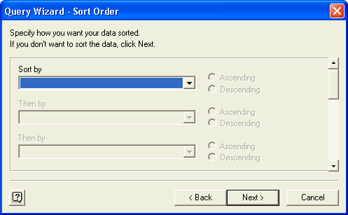 Query Wizard - Sort Order window