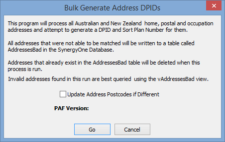 Bulk Generate Address DPIDs window (RAT)