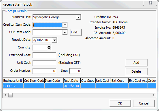 Receive Item Stock (Creditor Invoice Entry)