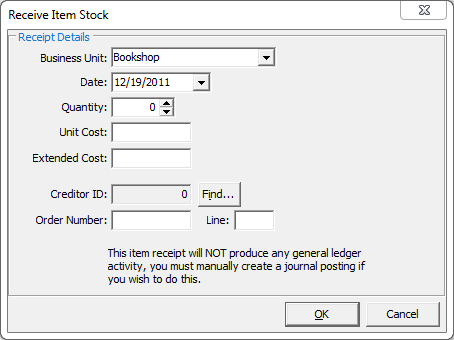 Receive Item Stock window