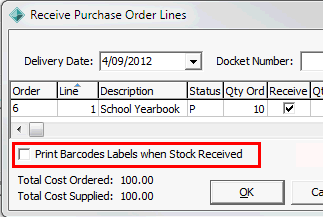 Receive Purchase Order Lines (cut down, print barcodes field highlighted)