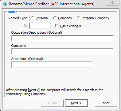 Rename Merge Creditor - Name window
