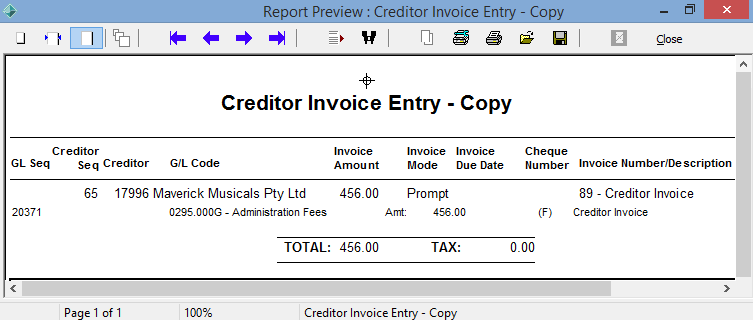 Report Preview Creditor Invoice Entry