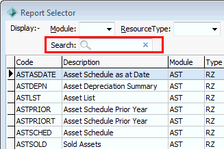 Report selector (cut down, search highlighted)