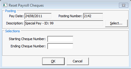 Reset Payroll Cheques window