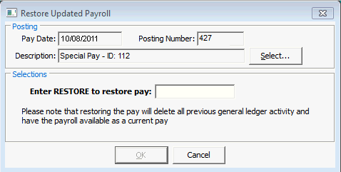 Restore Updated Payroll window