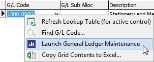 Right-click General Ledger Maintenance
