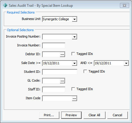 Sales Audit Trail - By Special Item Lookup (report selections)