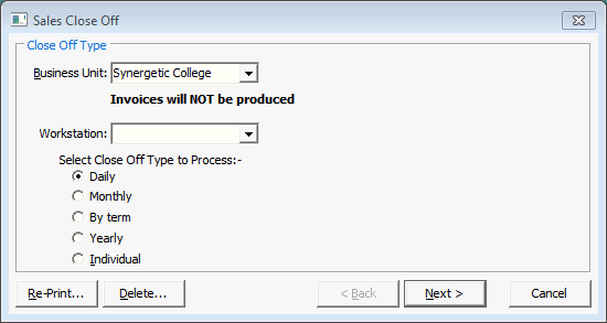 Sales Close Off - Close Off Type window (cut down)
