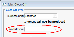 Sales Close Off - Close Off Type window (Workstation highlighted)