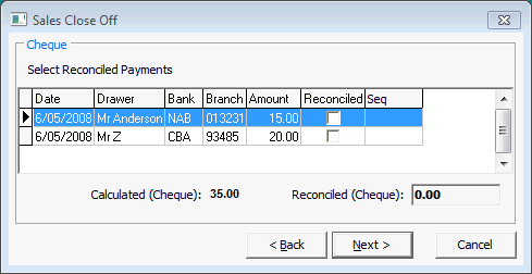 Sales Close Off - EFT (cheque)