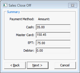 Sales Close Off - Summary window