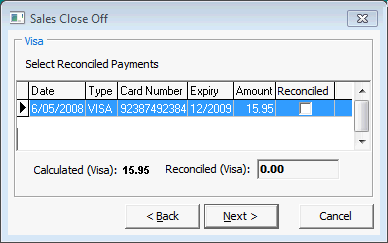 Sales Close Off - VISA Card (detailed)