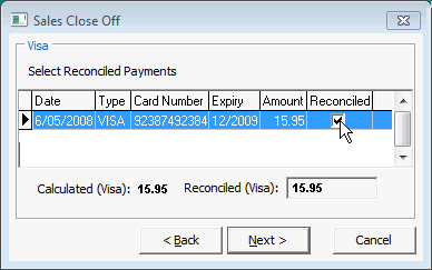 Sales Close Off - VISA Card (detailed, populated)