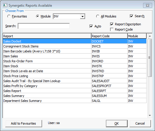 Synergetic Reports Available window - Sales reports