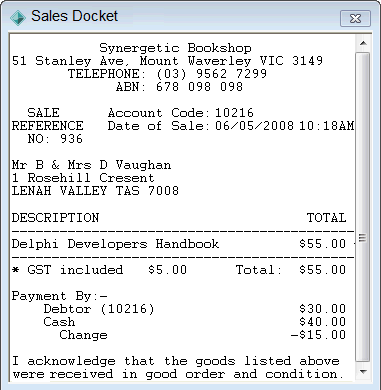 Sales Docket (printing to a port, embedded)