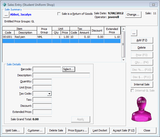 Sales Entry window (populated, 6.80 sale)