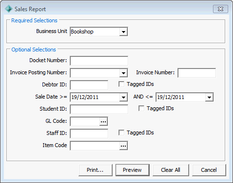 Sales Report (report selections)