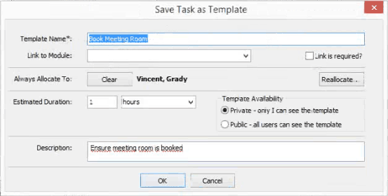 Save Task As Template window (Community Maintenance - Action Centre tab)