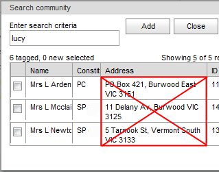 Search community (adding to taglist, address crossed, synweb)