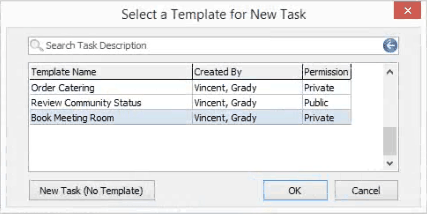 Select a Template for a New Task (Community Maintenance - Action Centre tab)