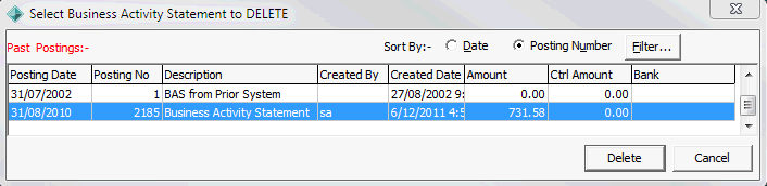 Select Business Activity Statement to Delete