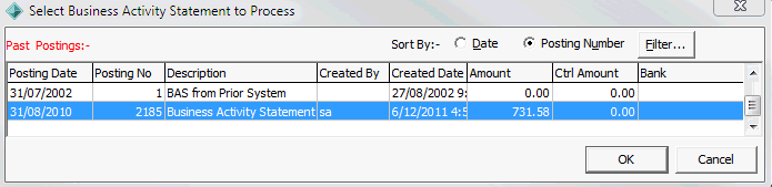 Select Business Activity Statement to Process window