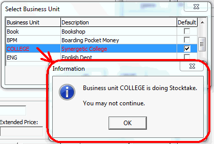 Information - Business unit College is doing Stocktake window